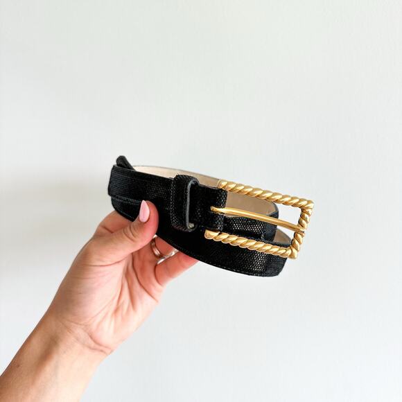 Vintage AVIGNON Gold Buckle Black Genuine Leather Belt L - Picture 2 of 8